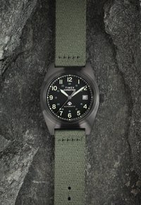 Die Timex Expedition Uhr verfügt über ein dunkelgraues Edelstahlgehäuse, ein schwarzes Ziffernblatt, ein grünes Textilarmband, leuchtende Ziffern und eine Datumsanzeige.