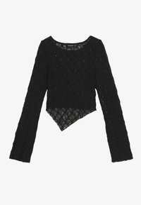 Schwarzes Spitzentop mit langen Ärmeln und einem kurzen, asymmetrischen Saum. Es hat strukturierte Blumenmuster und einen runden Ausschnitt.