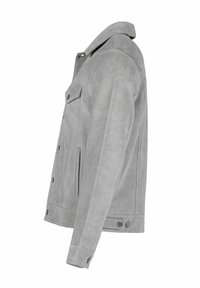 Hall efekseeritud jope, millel on krae, ees taskud ja nööbiga kinnitused. Sile tekstuur, kohandatud lõige ja ümarad detailid.