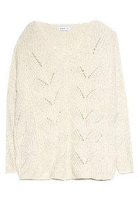 Pull en tricot crème avec un col en V, présentant un motif texturé de feuilles et une coupe ample. Tissu doux avec des détails de couture visibles.
