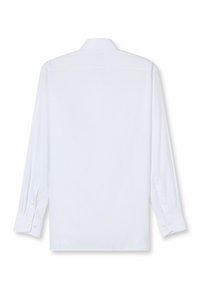 Weißes Langarmhemd mit klassischem Kragen, glatter Textur, Knopfmanschetten und ohne sichtbare Muster oder Designs auf der Rückseite.