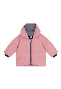 Giacca imbottita rosa con cappuccio, righe blu navy all'interno e polsini a contrasto. Chiusura con zip verticale e patch del logo sulla manica.