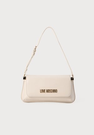 Beige faux leather handbag with an adjustable strap, flat design, and gold-tone logo on the front. Smooth texture with minimalist accents.