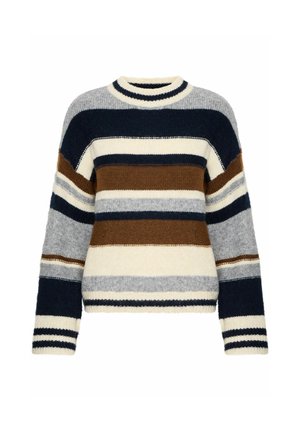 Suéter de punto a rayas en azul marino, gris, crema y marrón. Presenta mangas largas, cuello redondo y puños acanalados. Textura suave.