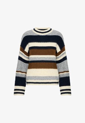Gestreept gebreid sweater in marineblauw, grijs, crème en bruin. Beschikt over lange mouwen, een ronde halslijn en geribbelde manchetten. Zachte textuur.