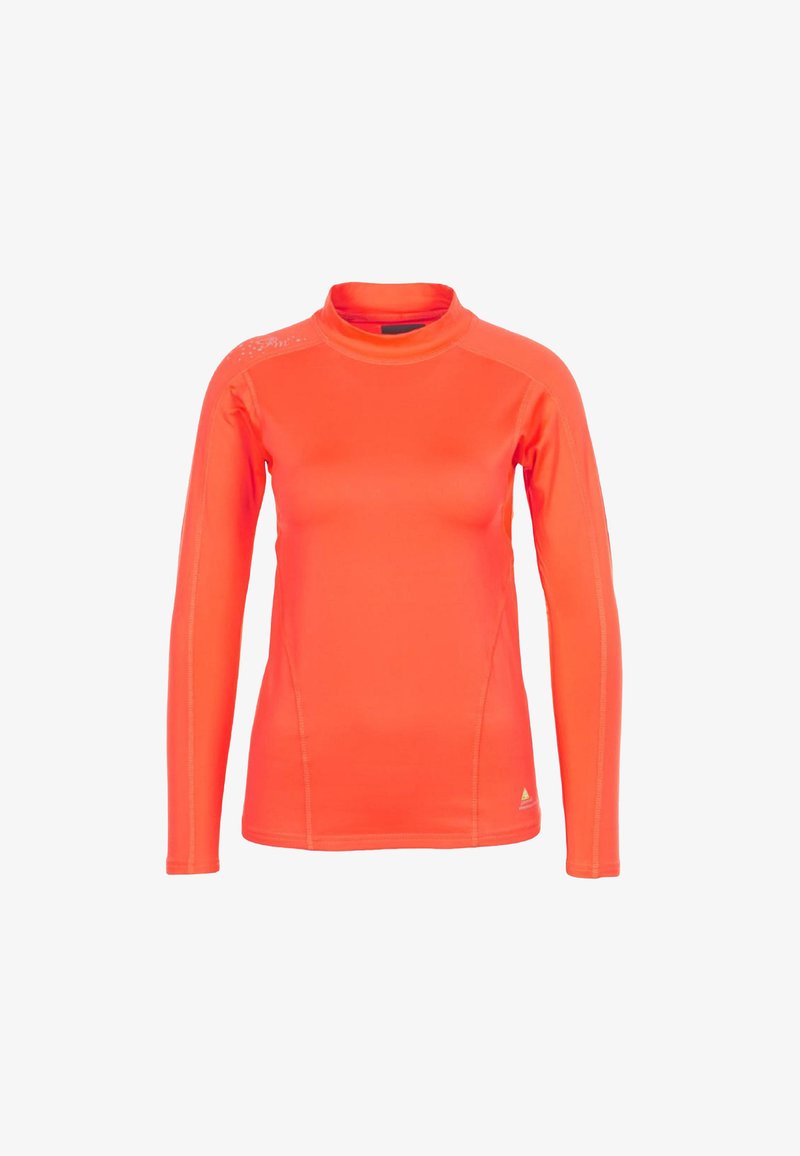 Haut de sport à manches longues en orange vif, fabriqué à partir d'un matériau lisse et extensible. Il présente un col montant et un minimum de détails sur les épaules.