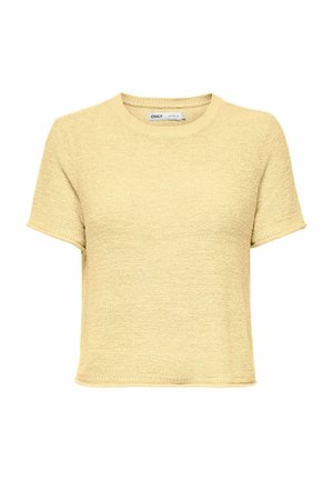 Żółta krótko rękawowa dzianinowa koszulka z okrągłym dekoltem, teksturowana tkanina i luźny krój. Brak widocznych logo lub wzorów.