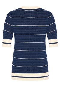 Navy blue knitted sweater with horizontal cream stripes, short sleeves, and a cream ribbed neckline. Textured pattern throughout the fabric.