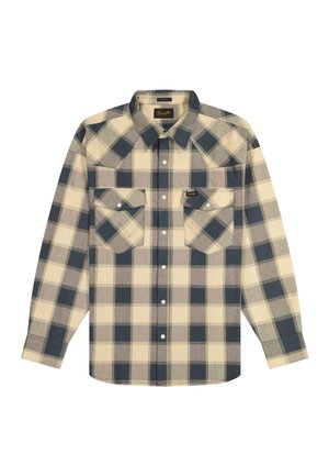 Beez, musta ja halli ruuduline pikkade varrukatega nööpidega särk, millel on kaks eesmist klapitaskut ja krae.