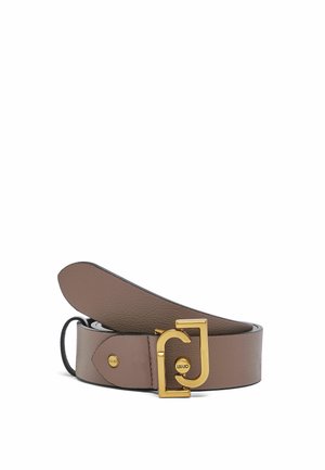 Ceinture en cuir marron roulée avec une boucle dorée présentant un logo stylisé "LJ" et un petit rivet rond avec le nom de la marque "Liu Jo."