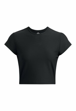 Camiseta corta negra de tela acanalada, con mangas cortas y cuello redondo, diseño simple sin patrones ni acentos.