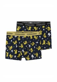 To sæt navy blå bomuldsboxershorts med gul Pikachu-print og lyn, med sorte og gule elastiske taljer.
