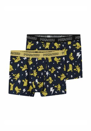 Two pairs of navy blue cotton boxer shorts featuring yellow Pikachu prints and lightning bolts, with black and yellow elastic waistbands.