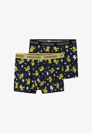 Zwei Paare navyblaue Baumwoll-Boxershorts mit gelben Pikachu-Drucken und Blitzmotiven, ausgestattet mit elastischen Taillenbünden in Schwarz und Gelb.