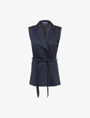 Sleeveless tailored vest in navy with white pinstripes. Features a double-breasted front, notched lapels, and a tied waist belt.