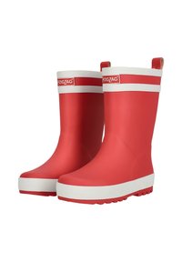 Bottes de pluie en caoutchouc rouge avec des rayures blanches à l'arrière et à la base. Semelle texturée pour une bonne adhérence, avec une languette pour un enfilage facile.