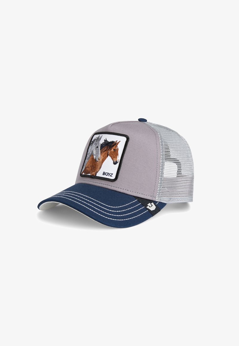 Gray and navy baseball cap with a mesh back, featuring a patch of two horses and the text "BOYZ." Curved visor with white stitching.