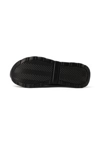 Sole di scarpa nera con motivi di battistrada a zigzag e rettangolari, mostrata piatta su una superficie bianca.