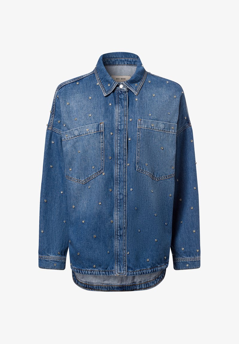 Veste en denim avec un col, des manches longues et deux poches poitrine, ornée de perles argentées sur tout le tissu bleu.