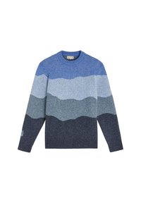 Pull en tricot bleu et gris avec des rayures horizontales ondulées, col rond et poignets côtelés. Fabriqué en tissu doux et texturé.
