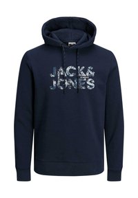 Felpa blu navy con tasca a marsupio, cappuccio regolabile con cordino e logo grafico stampato in tonalità più chiare sul davanti.