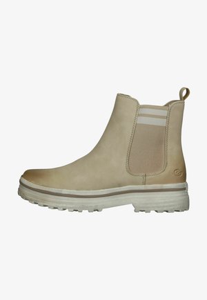 Beige Leder Chelsea-Boot mit elastischen Seiteneinsätzen, strukturiertem Obermaterial, Zuglasche und einer weißen Gummisohle mit Profil für besseren Halt.