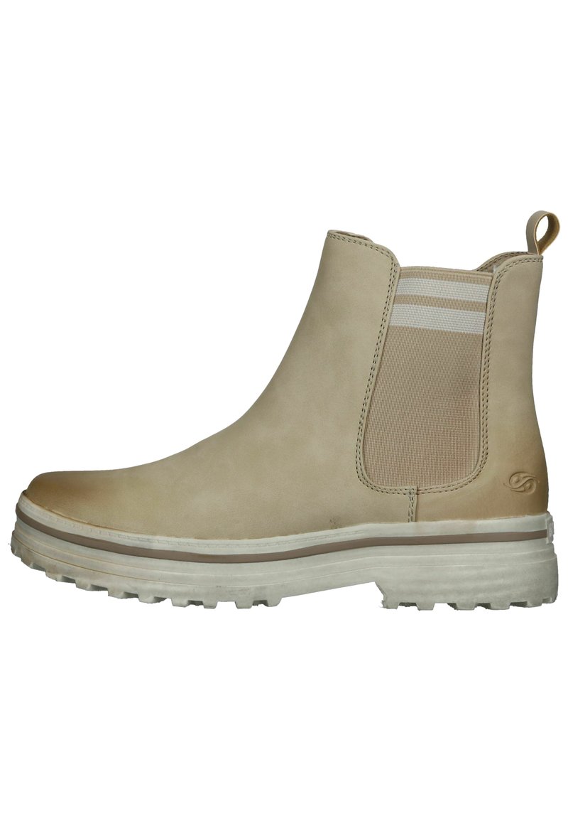 Beige leather Chelsea boot with elastic side panels, textured upper, pull tab, and a white rubber sole with a lug pattern for traction.