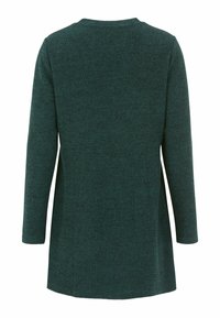 Langsleeve tuniek in donker teal, gemaakt van een gestructureerde breistof. Kenmerkt zich door een ronde halslijn en een gebogen zoom, met minimale stikdetails.