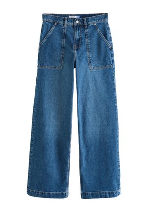 Modré džínsové nohavice so širokými nohavicami, s vysokým pásom, veľkými prednými nášivkovými vreckami, zapínaním na gombíky a pútkami na opasok.