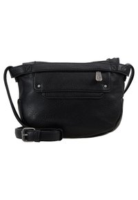 Borsa a tracolla in pelle nera con finitura testurizzata, chiusura con zip e tracolla regolabile. Presenta una tasca esterna con bottoni a scatto.