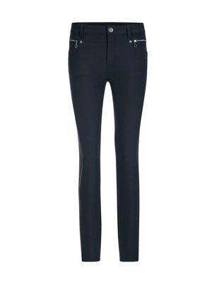 Slim-fit zwarte broek met riemlussen, een knoop aan de voorkant en ritszakken aan beide zijkanten.