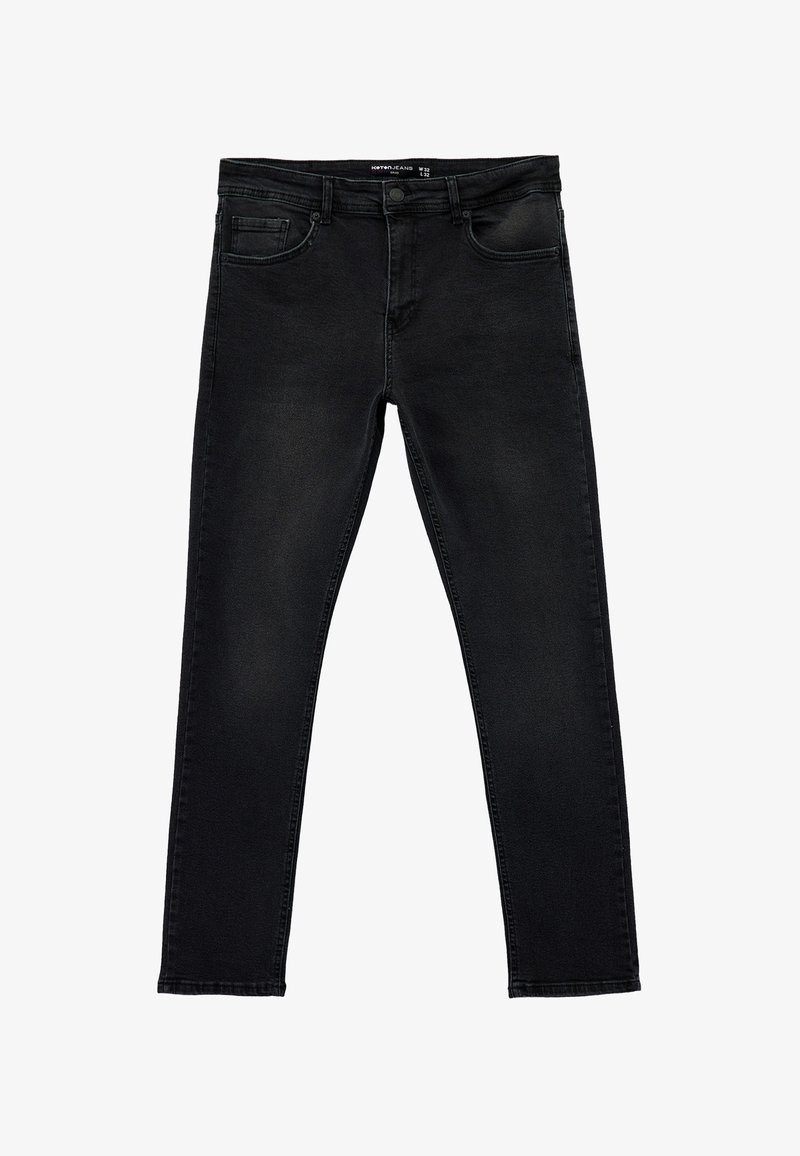 Jeans in denim nero con design a gamba dritta, cinque tasche e leggere sfumature. Il materiale sembra elastico e morbido.