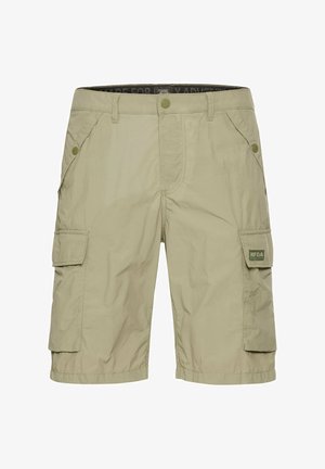 Beżowe szorty cargo wykonane z lekkiego materiału. Posiadają dwie boczne kieszenie oraz dekoracyjne guziki. Logo marki na lewej kieszeni cargo.