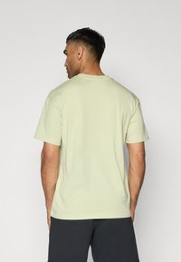Light green cotton t-shirt with short sleeves and a crew neckline, featuring a smooth texture and a simple design, viewed from the back.