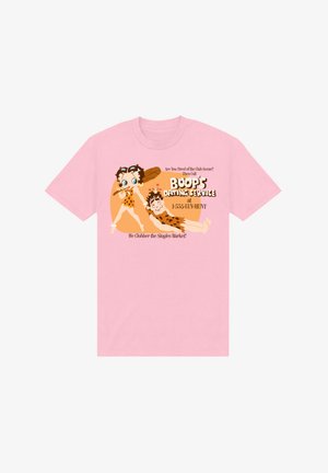 Jasnoróżowa bawełniana koszulka z kolorowymi grafikami postaci z kreskówek, w tym dwóch bohaterów, z wyrazistym tekstem promującym usługę randkową.