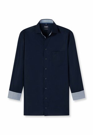 Herrenhemd mit langen Ärmeln in Marineblau, mit durchgehendem Knopfverschluss, Brusttasche und kontrastierendem gemustertem Innenkragen und Manschetten.