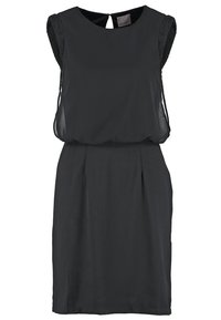 Robe noire sans manches jusqu'aux genoux, avec taille plissée, manches courtes volantées et fermeture à trou de serrure dans le dos.