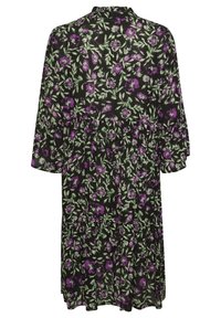 Robe noire avec un motif floral en violet et vert. Dotée de manches trois quarts, d'un design à volants et d'une coupe décontractée.