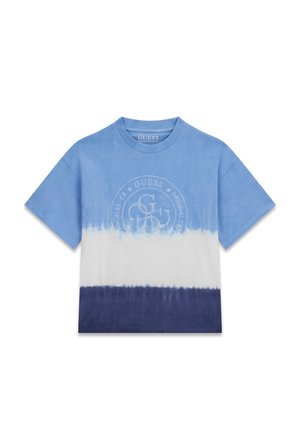 T-shirt z krótkim rękawem i okrągłym dekoltem, z niebiesko-białymi i granatowymi prążkami tie-dye oraz delikatnym, okrągłym logo Guess na piersi.