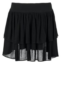 Zwarte gelaagde rok van lichtgewicht stof; heeft een geraffineerde taille en een doorschijnende onderlaag met een gestructureerde afwerking.