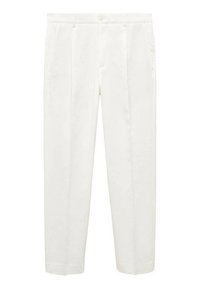 Białe plisowane spodnie wykonane z teksturowanej tkaniny; posiadają zamek błyskawiczny, zapięcie na guzik oraz boczne kieszenie.
