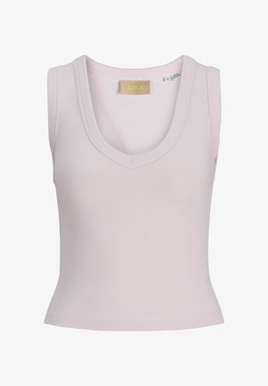 Lichtroze cropped top zonder mouwen met een diepe ronde halslijn en een JJXX-merkenlabel aan de binnenkant van de kraag.