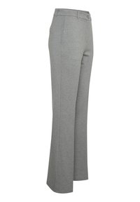 Pantaloni grigi su misura realizzati in un tessuto morbido. Caratterizzati da gamba dritta, chiusura con bottone e due tasche laterali. Texture liscia.
