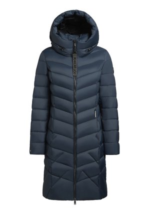 Marineblauer Puffermantel mit hohem Kragen und Kapuze, versehen mit Chevron-Steppung, einem durchgehenden Reißverschluss und zwei Seitentaschen.
