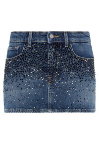 Mini gonna in denim con una tonalità di blu scuro, decorata con paillettes nere e argento sparse, due tasche frontali e un classico design a cinque tasche.