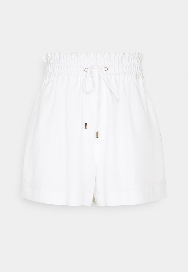 Shorts blancs taille haute avec une taille élastique froncée et un cordon de serrage à l'avant.