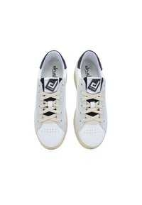 White sneakers featuring a smooth leather upper, black accents, beige laces, a low-profile design, and perforated detailing on the toe.