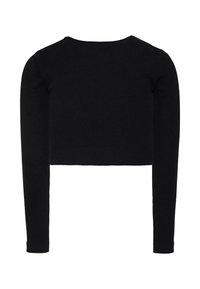 Top corto a maniche lunghe nero a coste con scollatura rotonda e silhouette aderente. Texture liscia con colore uniforme in tutto il capo.