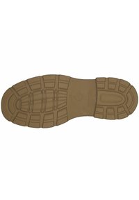 Semelle de chaussure en caoutchouc de couleur brun clair avec un motif texturé et rainuré pour une meilleure adhérence. Dotée d'un bout arrondi et d'une zone de talon renforcée.