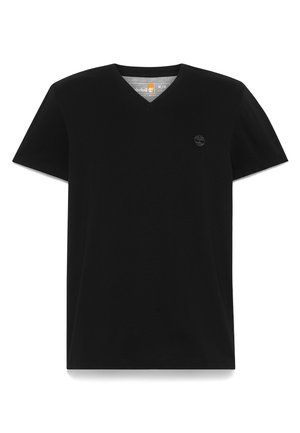 Black v-neck t-shirt made from soft fabric, featuring short sleeves and a small embossed logo on the left chest. Simple and minimalist design.